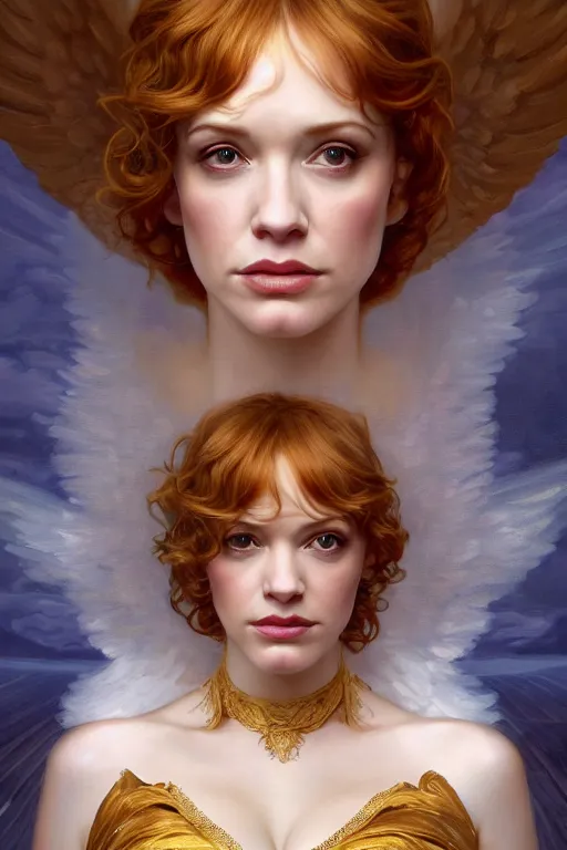 Image similar to symmetrical!! looking at the camera!!! a portrait of an angel young christina hendricks wearing a golden flowing dress, upper body, concept art, deep focus, sky, heaven, clouds, intricate, highly detailed, digital painting, artstation, matte, sharp focus, illustration, art by greg rutkowski and alphonse mucha