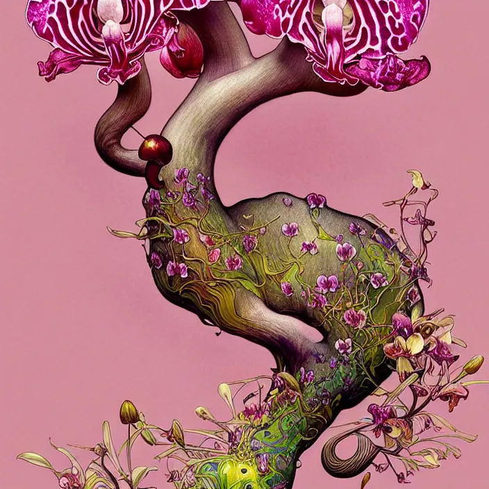 Image similar to psychedelic animal made of orchid and cherry blossom tree and mushroom, LSD, diffuse lighting, fantasy, intricate, elegant, highly detailed, lifelike, photorealistic, digital painting, artstation, illustration, concept art, smooth, sharp focus, art by John Collier and Albert Aublet and Krenz Cushart and Artem Demura and Alphonse Mucha