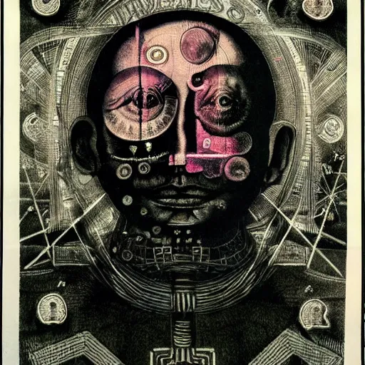 Image similar to post - punk new age album cover, asymmetrical design, dollar bank notes, capitalism, magic, apocalypse, psychedelic, black white pastel pink, slightly holographic, magic, giger h. r., giuseppe arcimboldo, peder balke