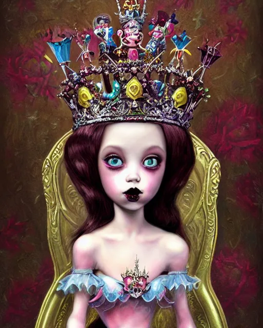 Image similar to closeup profile portrait of a tin toy goth fairytale princess wearing a crown and sitting on a throne, bikini, hyper realistic, artstation, illustration, concept art by nicoletta ceccoli, mark ryden, lostfish, dan decarlo, bob clampett, max fleischer, digital paint, matte paint, vivid colors, bright, cheerful, detailed and intricate environment