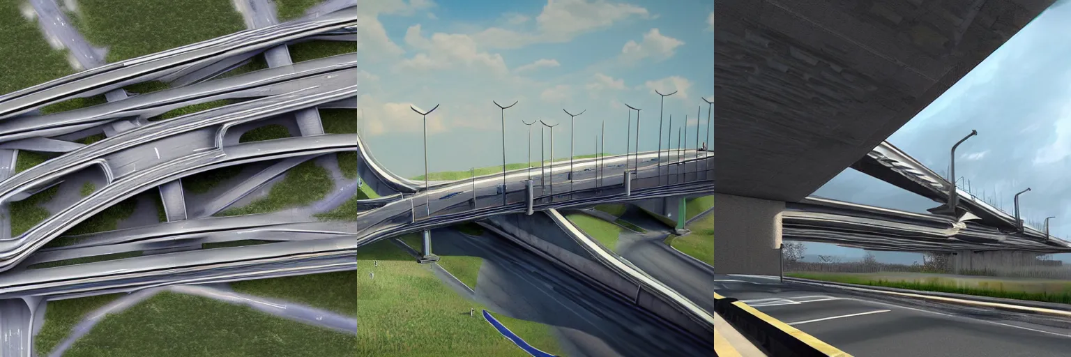 Prompt: flying buttresses on a highway interchange, concept art, trending on artstation,