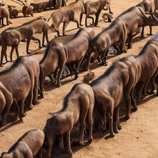 Image similar to cinematic film still of rows of pairs of various african mammals lined up to enter Noah's ark, directed by Steven Spielberg,