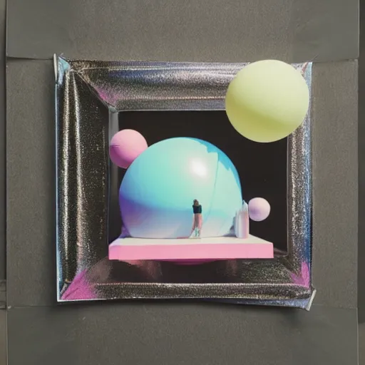 Image similar to a pastel colour high fidelity Polaroid art photo from a whimsical holiday album at a seaside with abstract inflatable parachute furniture ((and some spheres)), all objects made of transparent iridescent Perspex and metallic silver, no people, iridescence, nostalgic