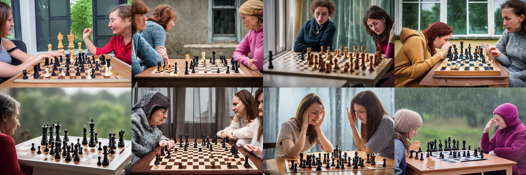 Prompt: highly-detailed close-up of two women playing chess in ukraine. its raining outside and thundering window is visible. highly detailed. 8k. wide shot. photography