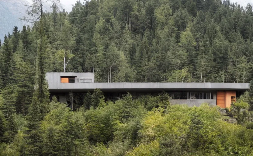 Prompt: simple brutalist house on a secluded mountain with trees around