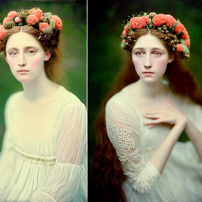 Image similar to Kodak Portra 400, 8K, soft light, volumetric lighting, highly detailed, britt marling style 3/4 ,portrait photo of a beautiful woman how pre-Raphaelites painter, a beautiful lace dress and detailed flowers adorning her hair, and ethereal coral and shells dress ,white pearls on her beautiful face, Realistic, Refined, Highly Detailed, natural outdoor soft pastel lighting colors scheme, outdoor fine art photography, Hyper realistic, photo realistic
