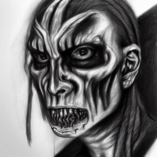 Prompt: disturbing portrait of a real demon, concept art, charcoal drawing, highly detailed