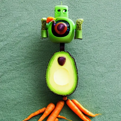 Prompt: robot made of vegetables with big avocado hat and a carrot sword, made in abyss style