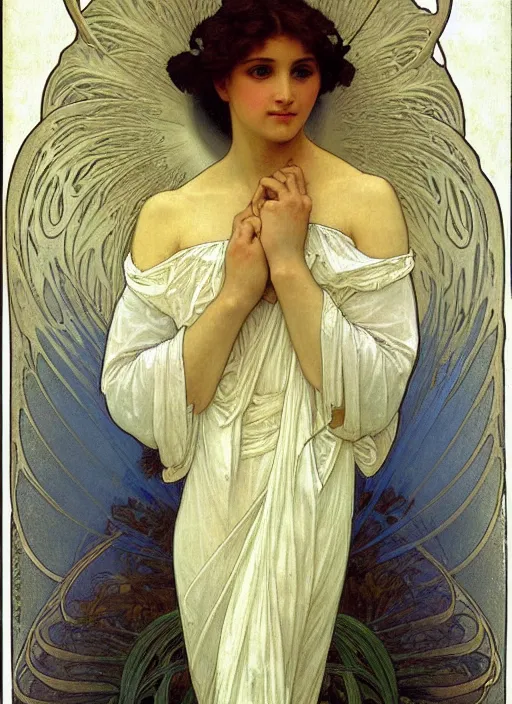 Image similar to portrait of a beautiful angel, intricate, elegant, highly detailed by alphonse mucha and william - adolphe bouguereau