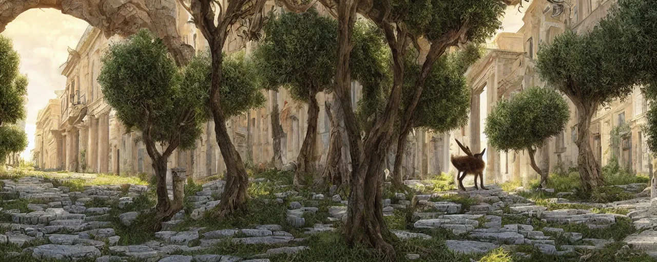 Image similar to cute fluffy caracal wearing toga, in ancient greek town, marble columns, olive trees, sunny, a beautiful landscape by gediminas pranckevicius