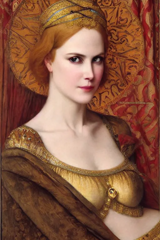 Prompt: beautiful portrait of a Nicole Kidman as Grande Odalisque, beautiful eyes, face in focus, golden ratio, intricate oil painting by John William Godward by Anna Dittman by Jean-Auguste-Dominique Ingres, Neo-Gothic, Neoclassical