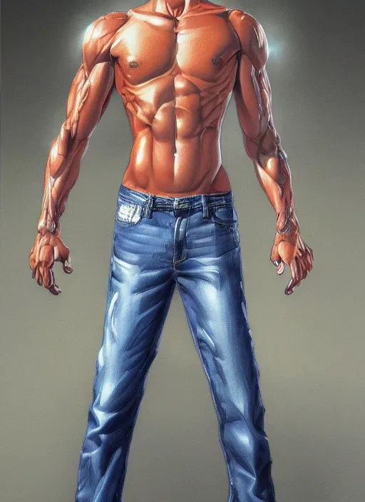 Image similar to Portrait of Onizuka from GTO wearing only jeans , masculine and muscular, both fist closed, intricate body, whole body highly detailed, digital painting, artstation, concept art, smooth, sharp focus, illustration, art by Hajime Sorayama