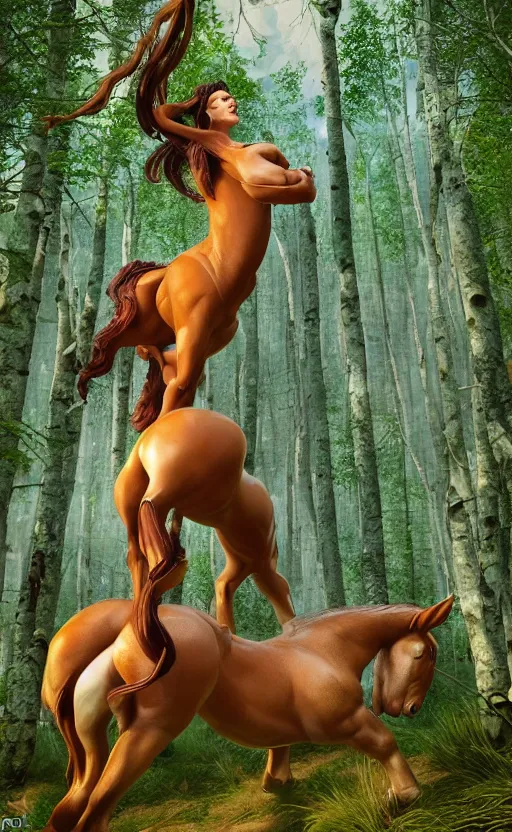 Image similar to photograph of a female centaur in a birch forest, huge detailed muscles in jeff koons hip hop bauhaus style, beautiful detailed face, ultra realistic, concept art, intricate details, serious, highly detailed, photorealistic, octane render, 8 k, unreal engine, natural light, art by todd mcfarlane