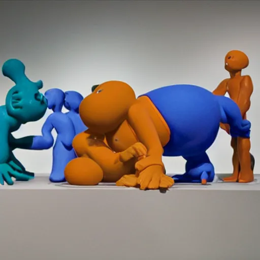 Image similar to a claymation film still of a contemporary sculpture / collection / contemporary art / gallery / museum / claymation by jeff koons and bruce bickford