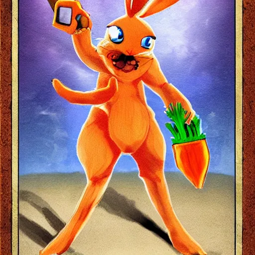 Image similar to an evil rabbit wielding a carrot as a weapon, boss battle