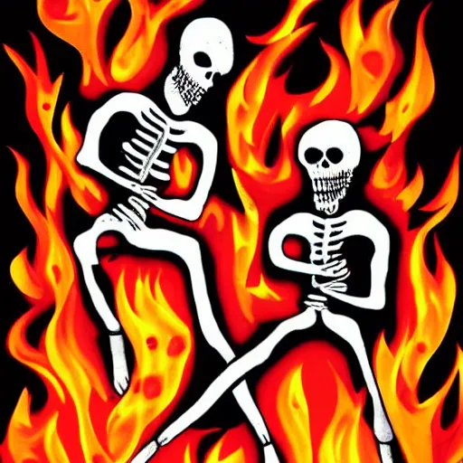 Image similar to Black skeletons burning in white fire, comic style, horror image