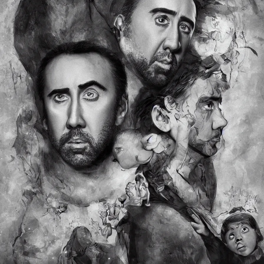 Image similar to a beautiful Nicolas Cage with large eyes and small nose, children\'s book cover