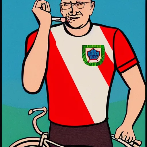 Image similar to portrait of mayor of budapest gergely karacsony riding a bicycle in summer shirt, soviet propaganda poster, hungarian flag in the background, colored, artgerm, highly detailed