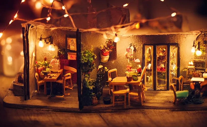 Image similar to mini cafe for mice diorama macro photography, ambient, atmospheric photograph, string lights, romantic