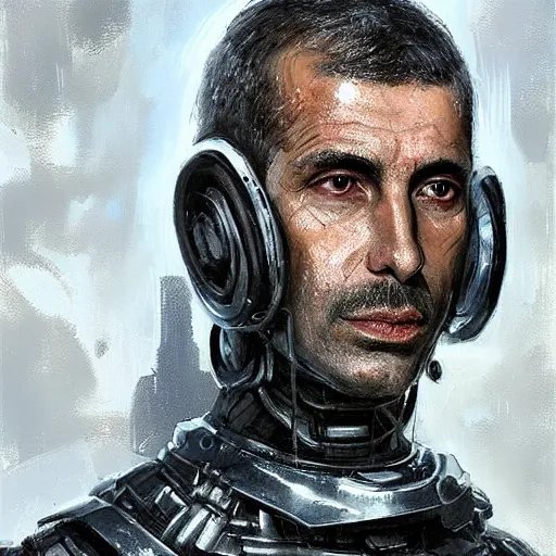 Prompt: Portrait of a man by Greg Rutkowski, he is about 50 years old, polish and persian mixture, messy black short hair, tall and slim, tired expression, respectable authority figure, he is wearing a futuristic space gear, highly detailed portrait, scifi, digital painting, artstation, concept art, smooth, sharp foccus ilustration, Artstation HQ.