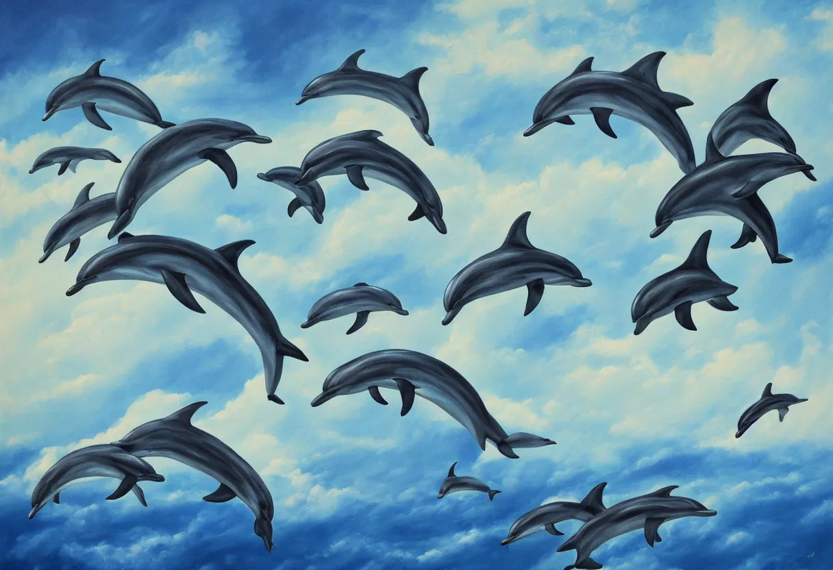 Image similar to family of dolphins flying through the clouds together science fiction painting
