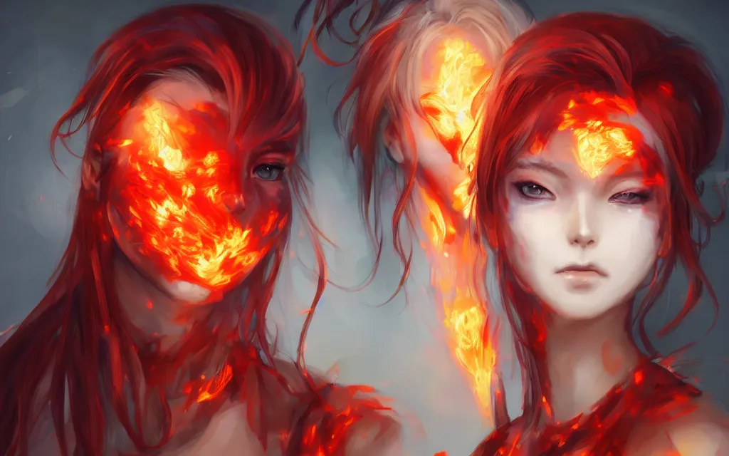 Image similar to A realistic anime portrait of a beautiful fire spirit twins with glowing red eyes and firey skin wearing clothes made of flames, digital painting, by Stanley Artgerm Lau, Sakimichan, WLOP and Rossdraws, digtial painting, trending on ArtStation, SFW version