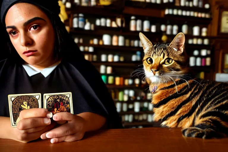 Image similar to 2 0 2 2 photo, close up portrait, dramatic lighting, concentration, calm confident hispanic teen witch and her cat, tarot cards displayed on the table in front of her, sage smoke, magic wand, a witch hat and cape, apothecary shelves in the background, still from harry potter, alphonse mucha