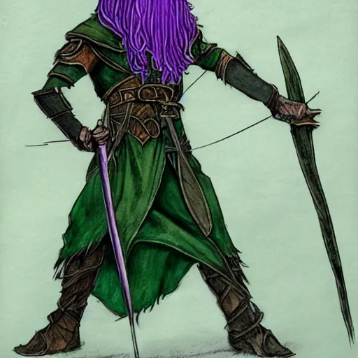 Image similar to male wood elf, pointy ears, long purple hair, holding a longbow, green leaf cloak, leather armor, metal gauntlets, green eyes. in the style of alan lee and john howe. fantasy. detailed.