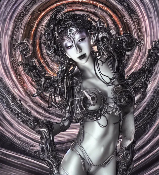 Image similar to photo 3 d rendering of a beautiful girl deity cyborg demon angel with tentacles epic photorealistic portrait in ito junji frank miller alex ross escher giger sorayama buddhist biopunk cosmic horror style depth of field lens flare leica zeiss detailed trending award winning on flickr