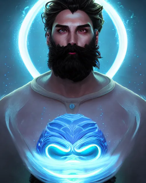 Image similar to epic fantasy comic book style portrait of a male bioluminescent man with a beard with glowing eyes, dark retrowave, highly detailed, digital painting, cinematic, hyperrealism, rpg portrait, dynamic lighting, art by stanley lau and artgerm and magali villeneuve and alphonse mucha, artstation, octane render, cgsociety