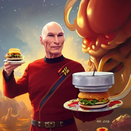 Image similar to Captain Picard eating big macs, dripping BBQ Sauce, serving happy meals, D&D, spilling ketchup, fantasy, intricate, elegant, highly detailed, digital painting, artstation, concept art, matte, sharp focus, illustration, hearthstone, art by Artgerm and Greg Rutkowski and Alphonse Mucha