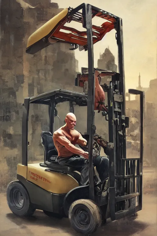 Image similar to a bald man driving a fork lift truck by Frank Frazetta, Ivan Aivakovsky, Boris Vallejo, epic character art, full length, Exquisite detail, post-processing, masterpiece, cinematic, 8k, ultra realistic, hyper detailed