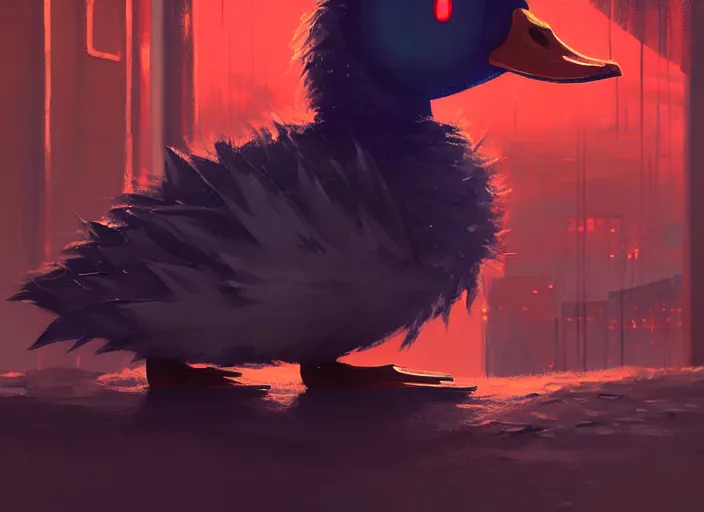 Image similar to cute fluffy mallard duck with vampire fangs wearing red cultist robe, details, cyberpunk, epic, sacrificial altar, landscape illustration concept art anime key visual trending pixiv fanbox by wlop and greg rutkowski and makoto shinkai and studio ghibli and kyoto animation symmetrical facial features