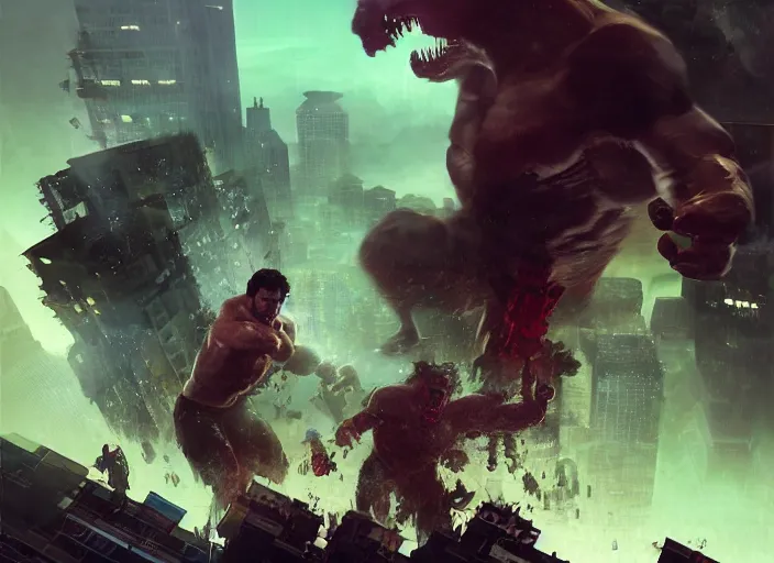 Image similar to seattle being attacked by henry cavill as a hulking herculean demon, by beeple and maciej kuciara and greg rutkowski