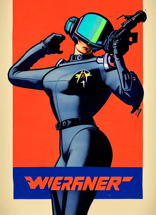 Image similar to american propaganda poster art. powerful cyberpunk pilot. portrait by jean giraud and anton otto fischer and john philip falter and will eisner and gil elvgren and pixar. full body. realistic proportions. science fiction d & d. overwatch, rb 6 s, cyberpunk 2 0 7 7, blade runner 2 0 4 9. cel shading. thick lines.