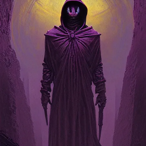 Prompt: hooded necromancer by marc simonetti and mike mignola and beksinski and giger and alton kelley, rising from the void, dark neon retrowave, purple, golden and mysterious, stopped in time, atmospheric, ominous, eerie, cinematic, epic, 8 k, 4 k, ultra detail, ultra realistic, rendered by awesomeness
