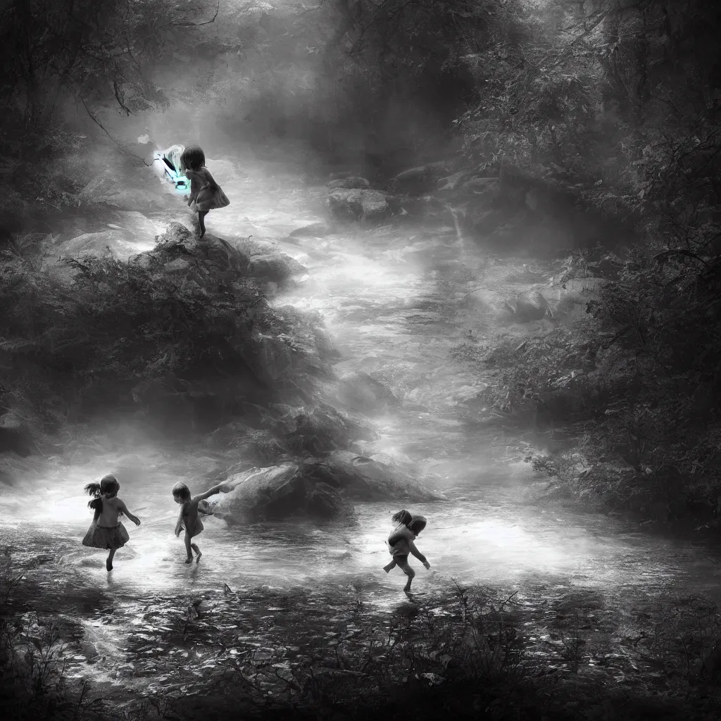 Image similar to an angel chasing a child through a creek in the woods, bad dream, hazy memory, volumetric, hyper realistic, octane render, dark black and white in the style of alvin schwartz, epic angles