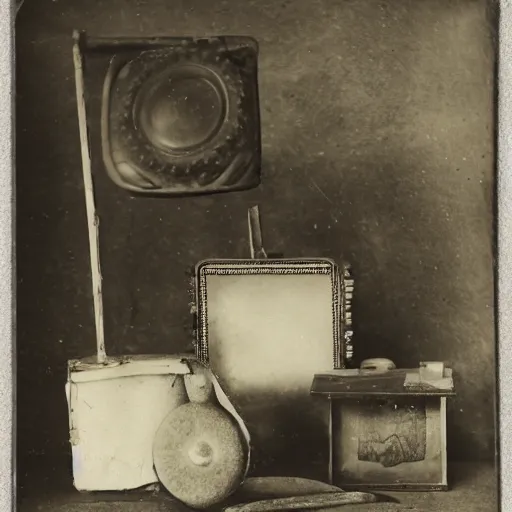 Image similar to Tintype photograph of primitive objects and a ready-made displayed in an ethnographic museum, archive material, anthropology, 1920s studio lighting.