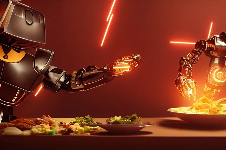 Prompt: a robot is eating an Asian food, 4k, ultra details, cinematic, epic style, beautiful photo, hyper realistic, octane render, unreal engine, award winning, on artstation, volumetric lightning, masterpiece, golden hour,