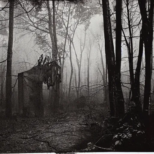 Image similar to A vintage photograph of a creepy and scary alien sight in the woods at night, macabre W- 768