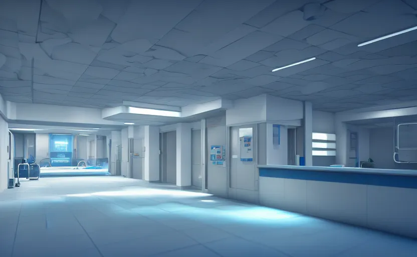 Image similar to a hospital with soft blue lights in the roof, octane render, artstation trending, highly detailded