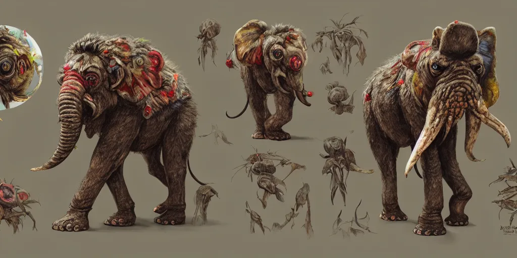 Image similar to Fungi Gorilla Elephant creature character design sheet, Monster Hunter Illustrations art book, Bright colored accent on its fur, claws, muscular, spores, Moebius, Greg Rutkowski, Zabrocki, Karlkka, Jayison Devadas, Phuoc Quan, trending on Artstation, 8K, ultra wide angle, zenith view, pincushion lens effect.