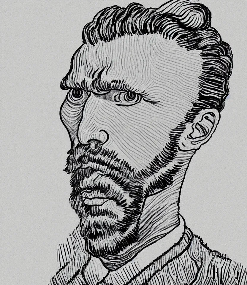 Image similar to elegant minimalist line art portrait of vincent van gogh. inspired by egon schiele. contour lines, graphic musicality, twirls, curls and curves, strong confident personality, staring at the viewer