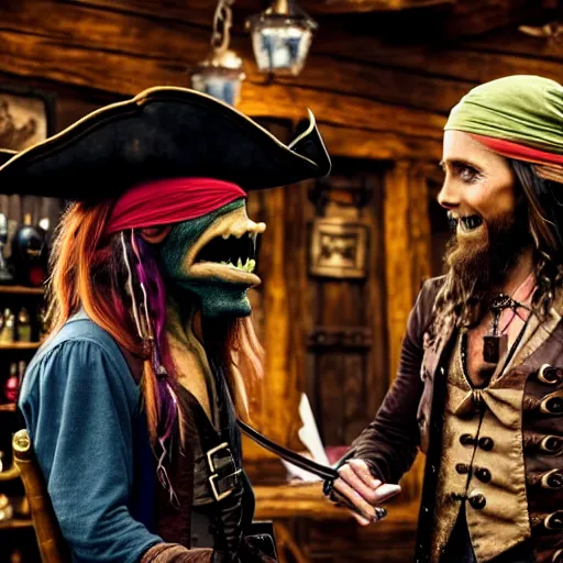 Image similar to a goblin with a large nose and a pirate with a bandana negotiating a contract with Jared Leto in a Western saloon.