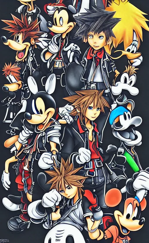 Image similar to kingdom hearts by yoji shinkawa, sora, roxas, goofy, mickey, cast of characters