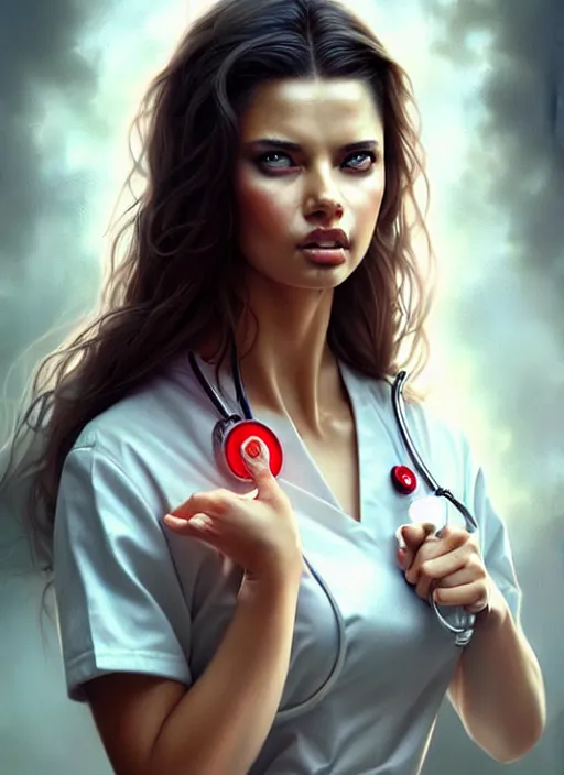 Image similar to a beautiful woman with nurse uniform, adriana lima, painted by artgerm and tom bagshaw, fantasy art, dramatic lighting, highly detailed oil painting