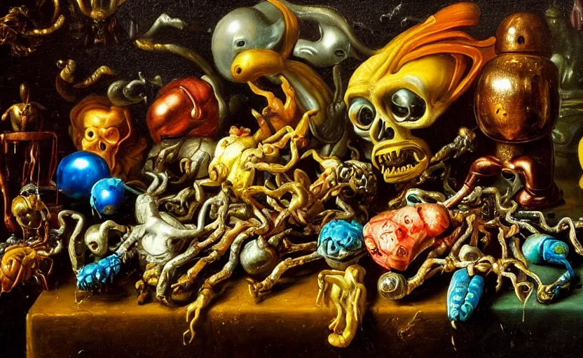 Image similar to disturbing colorful oil painting dutch golden age vanitas still life with bizarre mutant humanoid faces strange objects shiny gooey surfaces shiny metal bizarre insects rachel ruysch dali todd schorr very detailed perfect composition rule of thirds masterpiece canon 5 0 mm, cinematic lighting, chiaroscuro