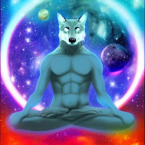 Image similar to Doctor Manhattan as a wolf meditating in outer space, stars, artstation, digital art, spiritual, award winning, colourful