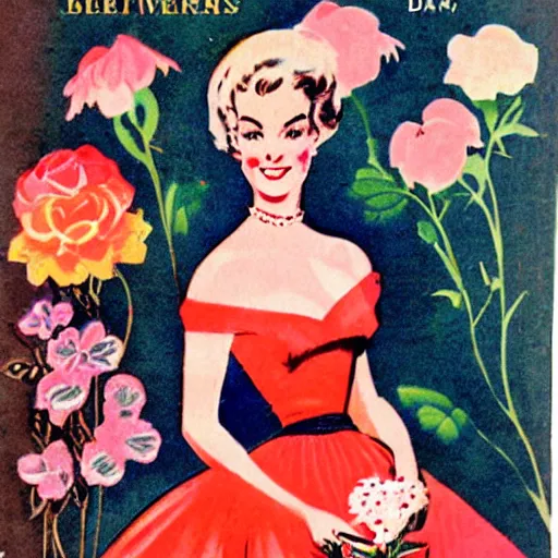 Image similar to woman with flowers, Vintage Magazine Illustration 1950s