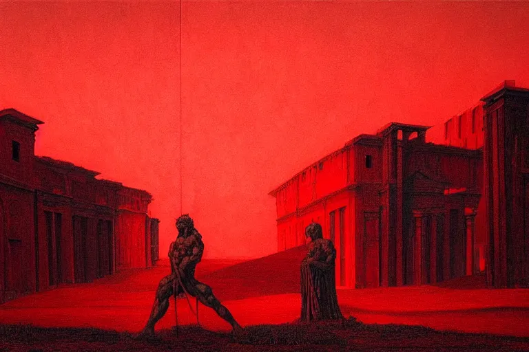 Image similar to only with red, caesar after war, a red tiger, in hoc signo vinces, rome in background, an ancient path, in the style of beksinski, part by hopper, part by rodcenko, part by hofbauer, intricate composition, red by caravaggio, insanely quality, highly detailed, masterpiece, red light, artstation